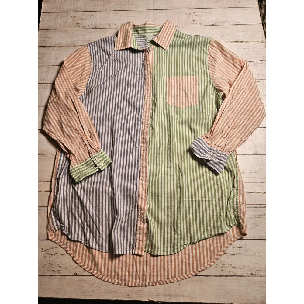 Aerie Womens Large Colorblock Striped Button Down Shirt Oversized Pastel Coastal - Picture 2 of 7